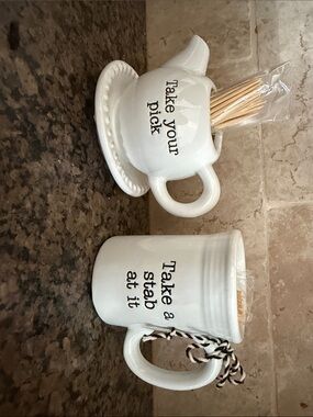 Mud Pie White Ceramic Toothpick Holders Set -